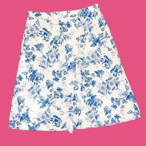 Land N Sea Floral Blue and White Women's Linen Blend Midi Skirt